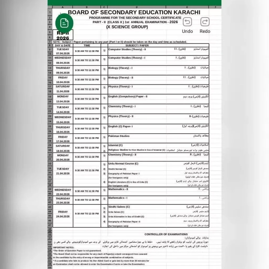 Karachi Class 10 Science Group Date Sheet 2026 Announced by BSEK